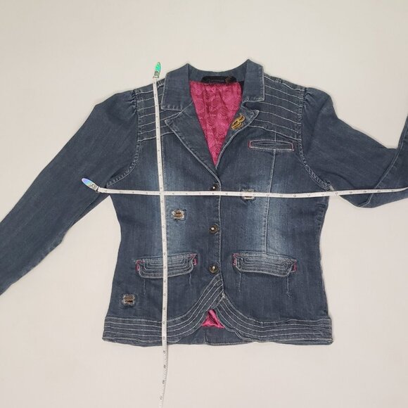 Rocawear Denim Jacket Girl Large 10/12 Medium Wash Magenta Satin Lined Y2K Retro - Picture 7 of 16